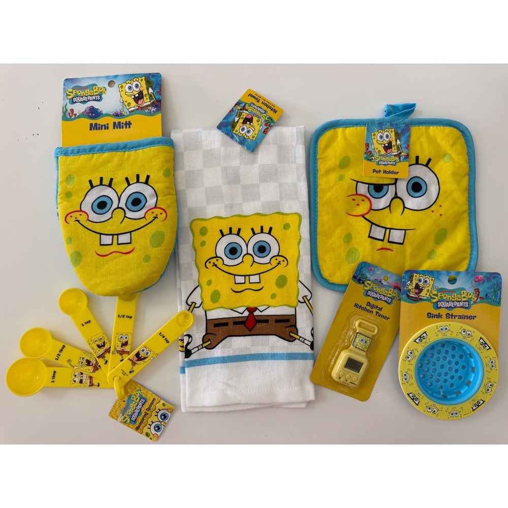 SpongeBob SquarePants Kitchen Set Mitt Pot Holder Towel Measuring Spoons Timer